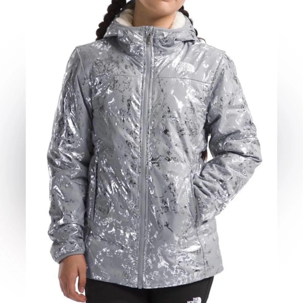 The North Face Girls Reversible Mossbud Swirl Metallic Gray Parka Jacket Size L